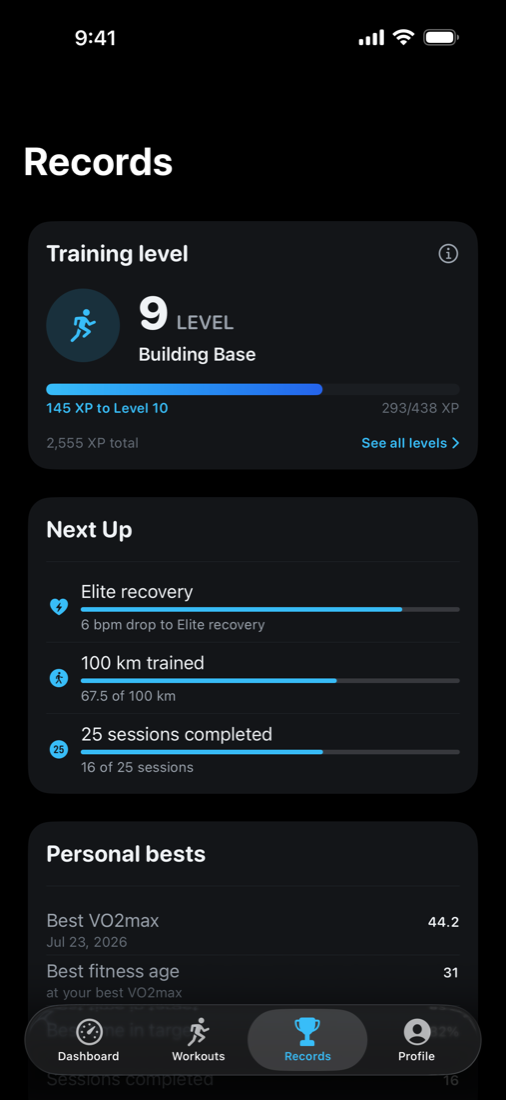 OxyScore's Records screen: training level 9 with progress to the next level, upcoming achievements, and personal bests.