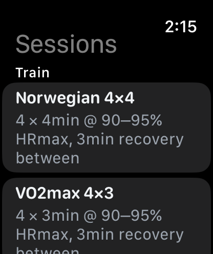 OxyScore on Apple Watch: the session list showing Norwegian 4×4, 4 × 4 minutes at 90–95% of max heart rate.